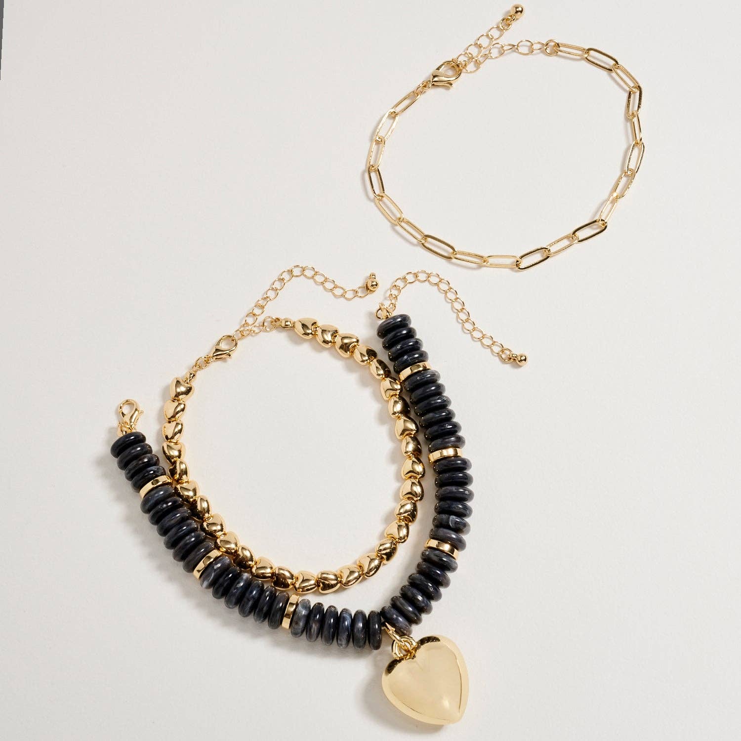 Gold Heart Charm Beaded Bracelet Set