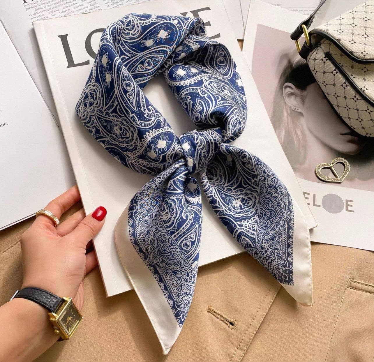 Navy &amp; White Silk Scarf