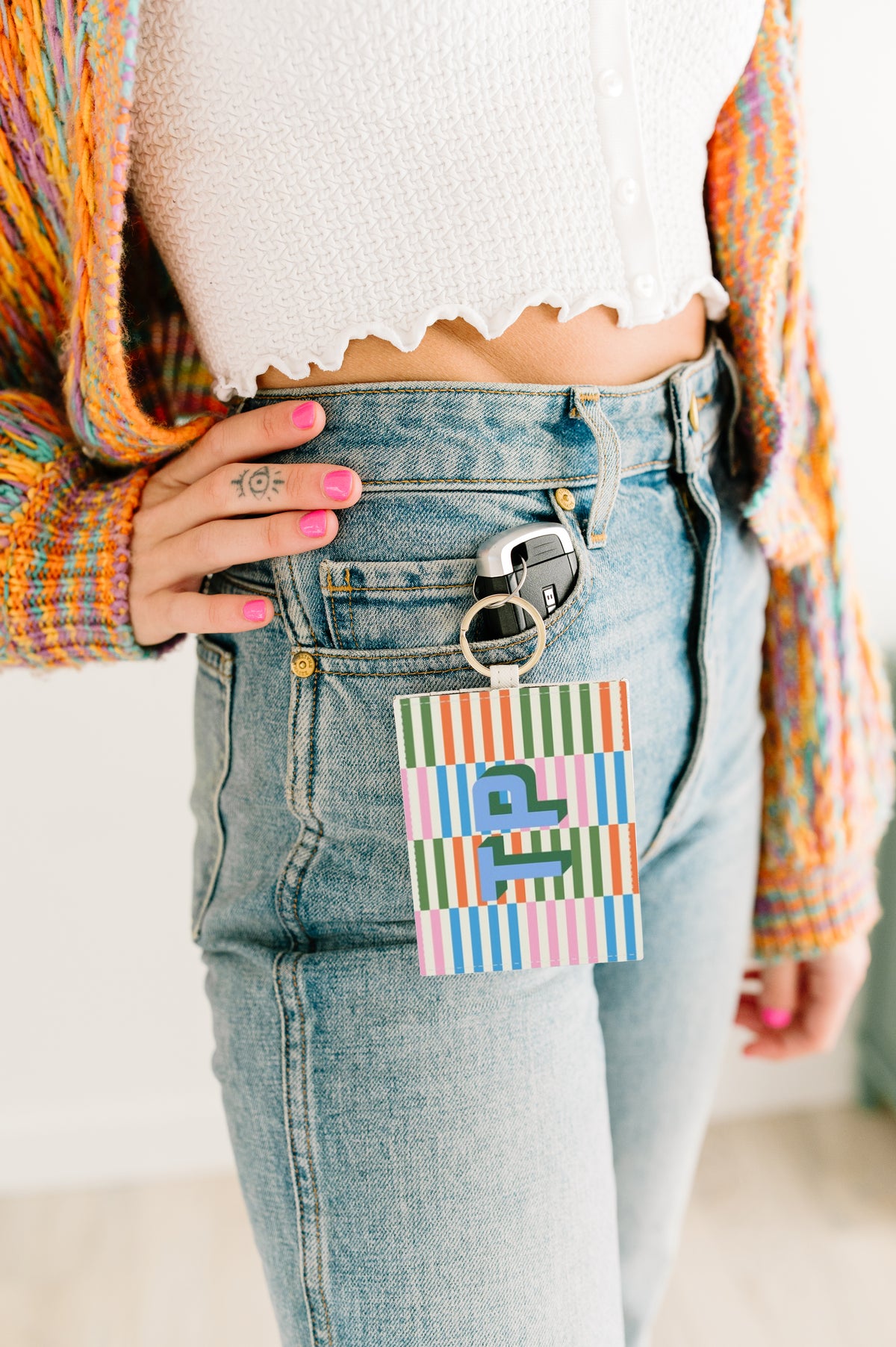 Monogrammed Striped Cardholder Keychain