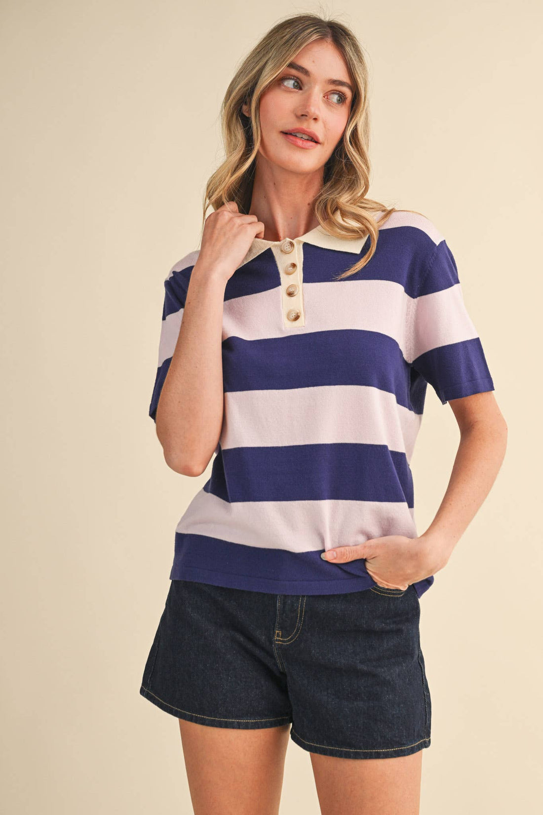 Striped Sweater Knit Short Sleeve Polo