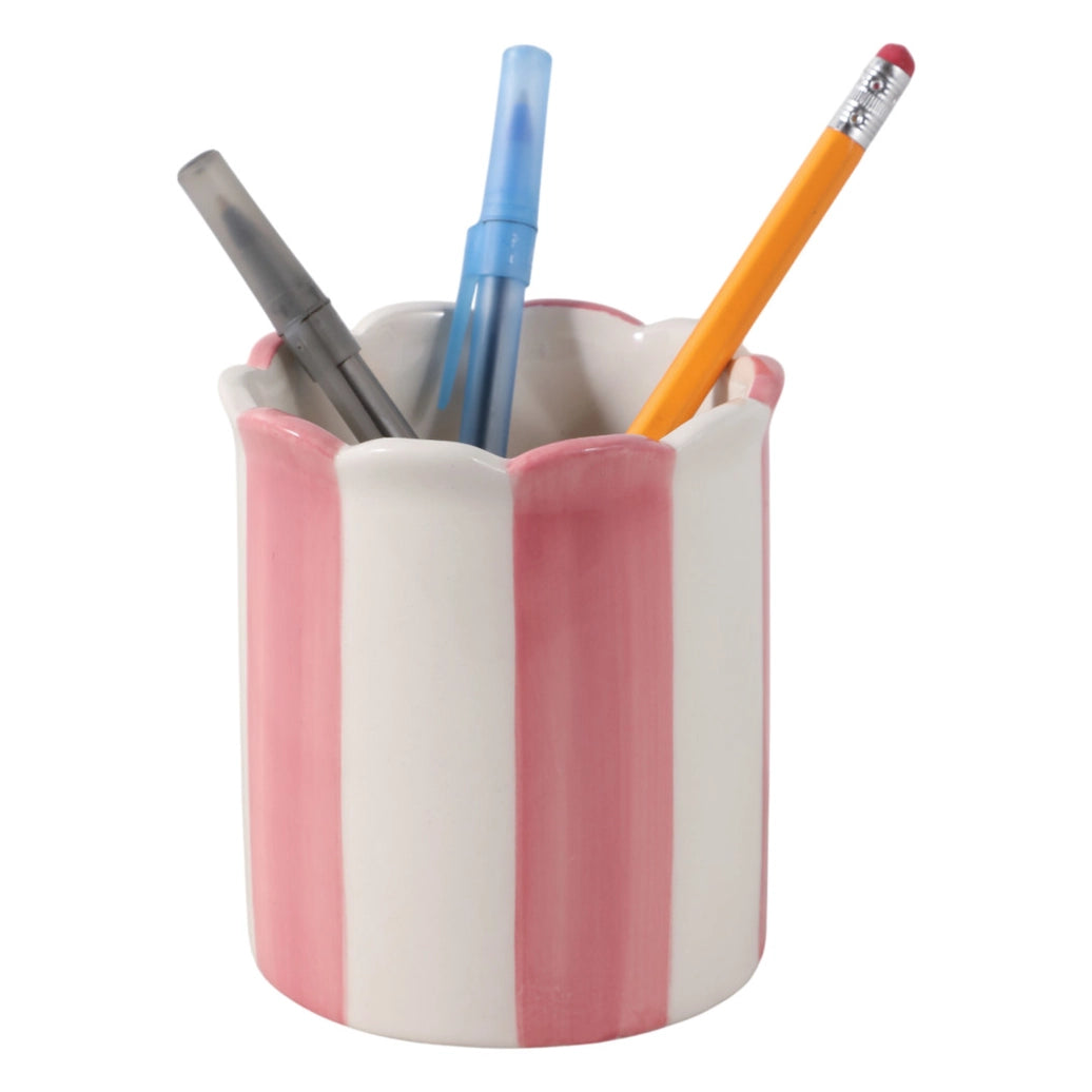 Pencil Cup - Pink/Ivory Ceramic Decorative Striped