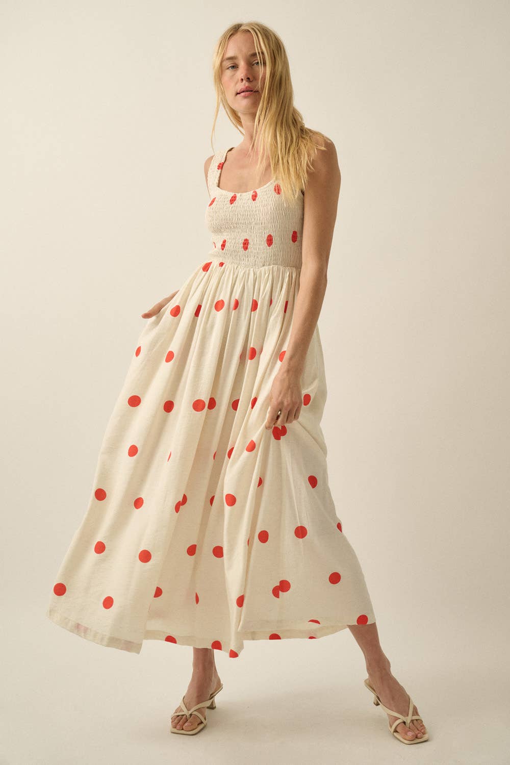Polka Dot-Print Smocked Sleeveless Pocket Maxi Dress
