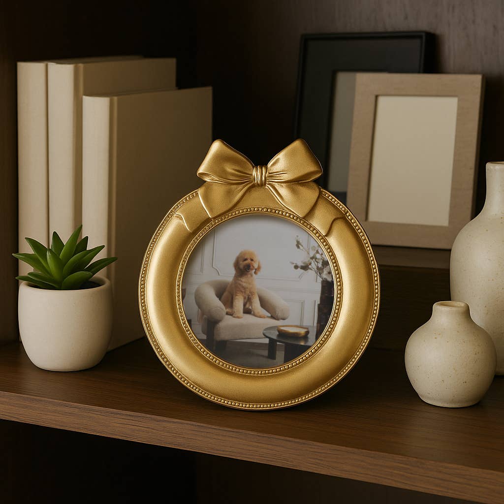 Round Gold Photo Frame with Bow Ribbon Detail - 4x4 Inch