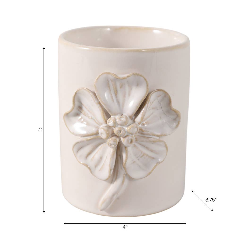 Ivory Ceramic Flower Applique Pencil Cup