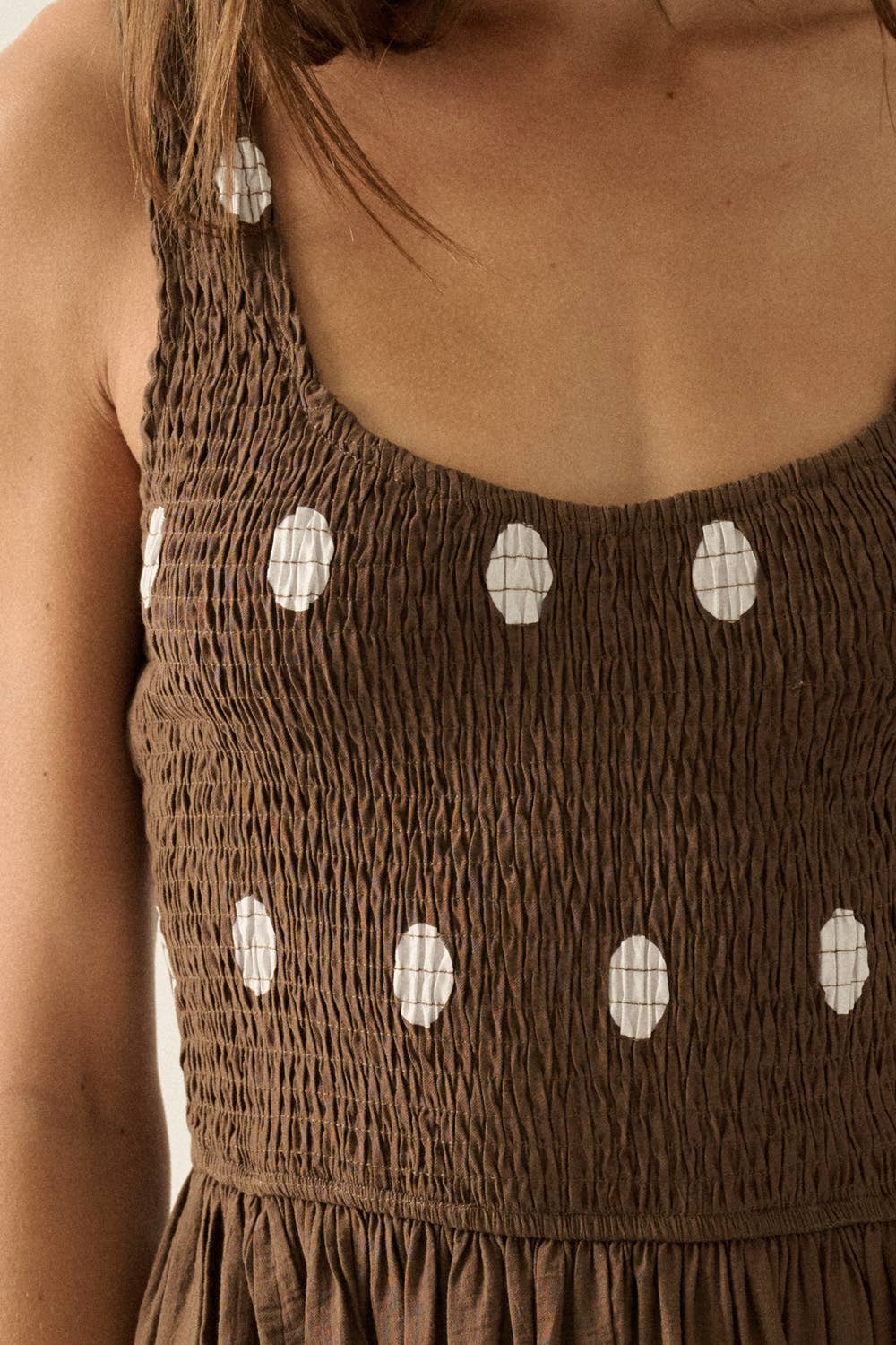 Polka Dot-Print Smocked Sleeveless Pocket Maxi Dress