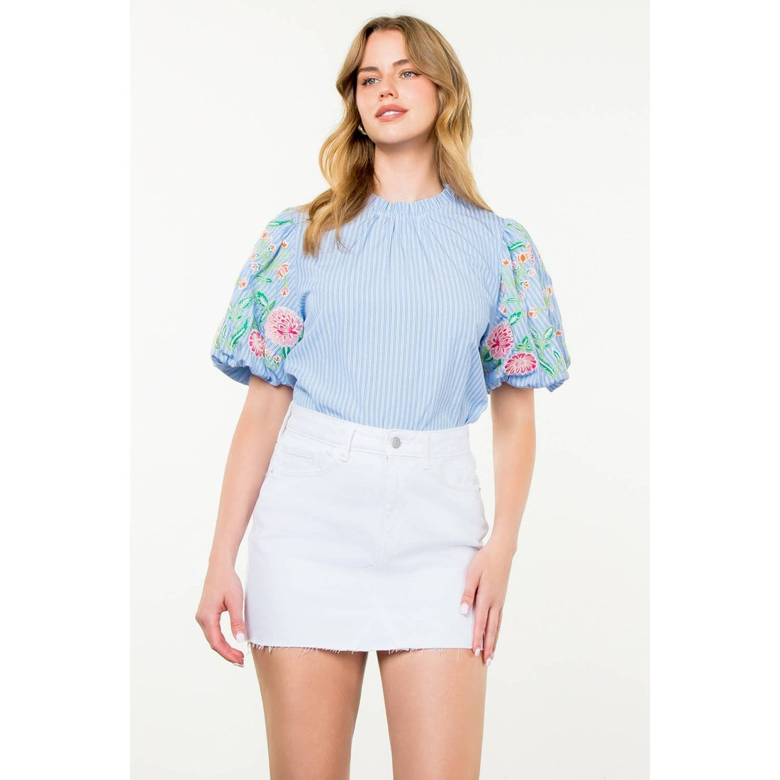 Embroidered Puff Sleeve Striped Top