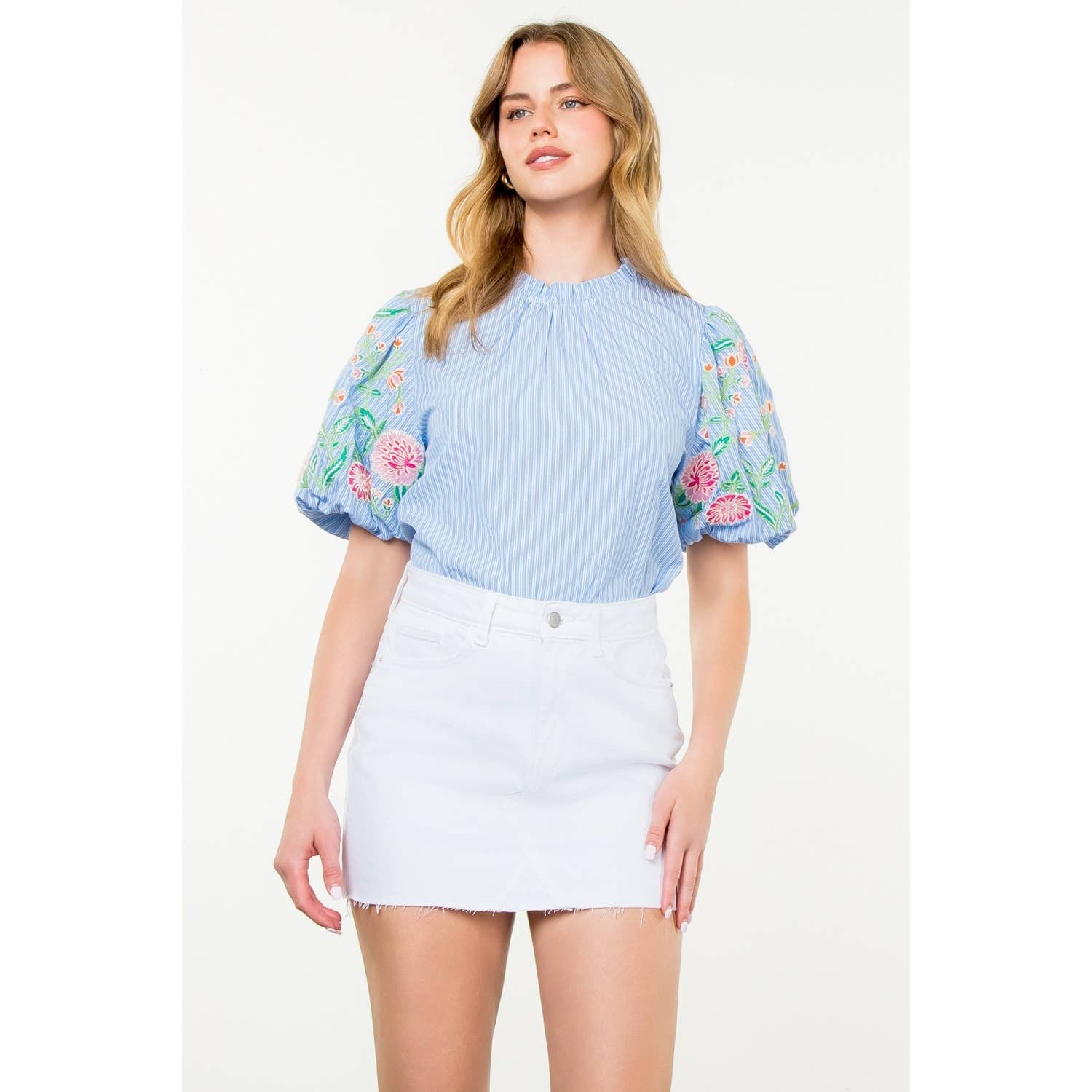Embroidered Puff Sleeve Striped Top