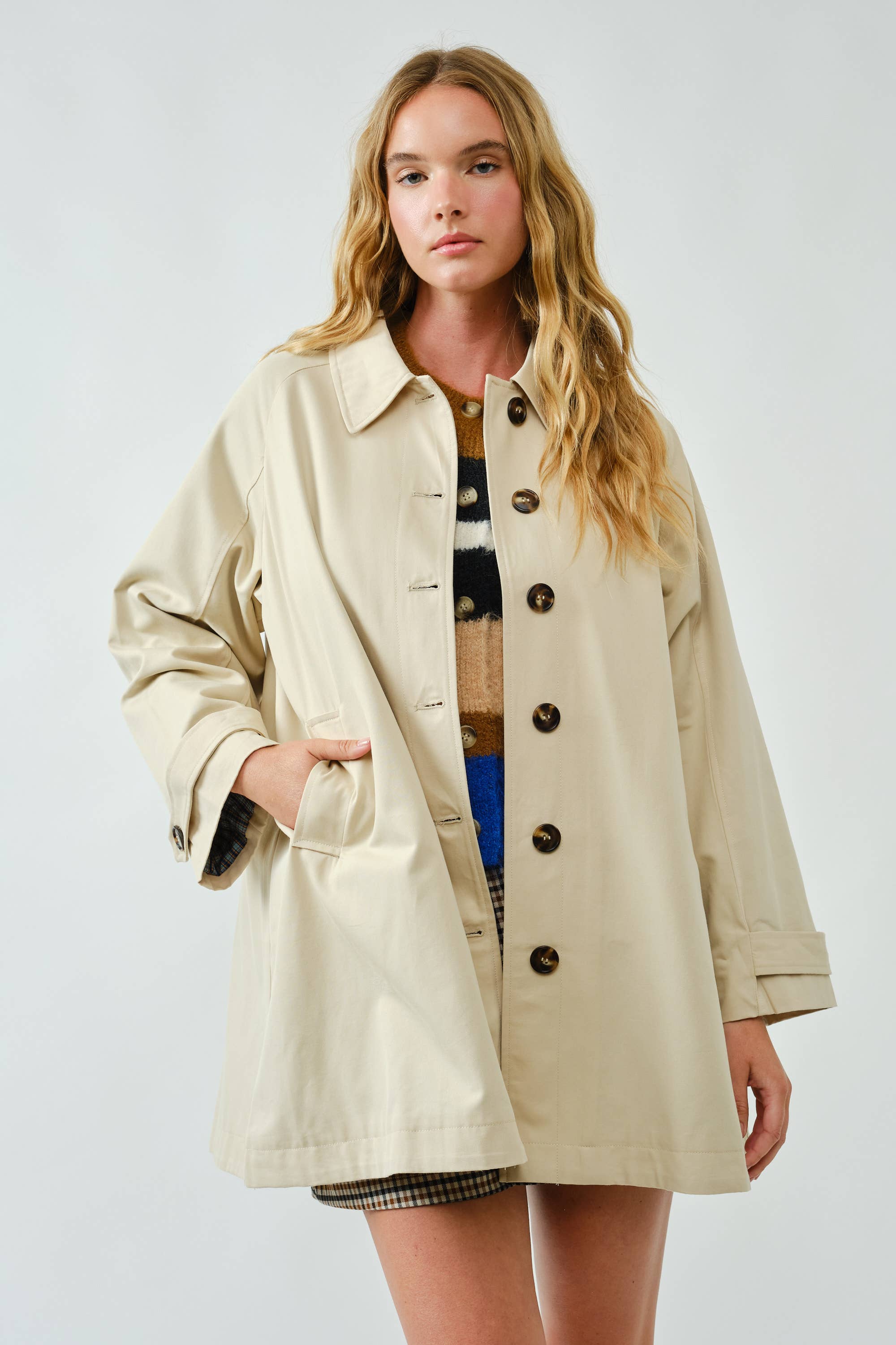 A Line Trench Coat with Plaid Lining