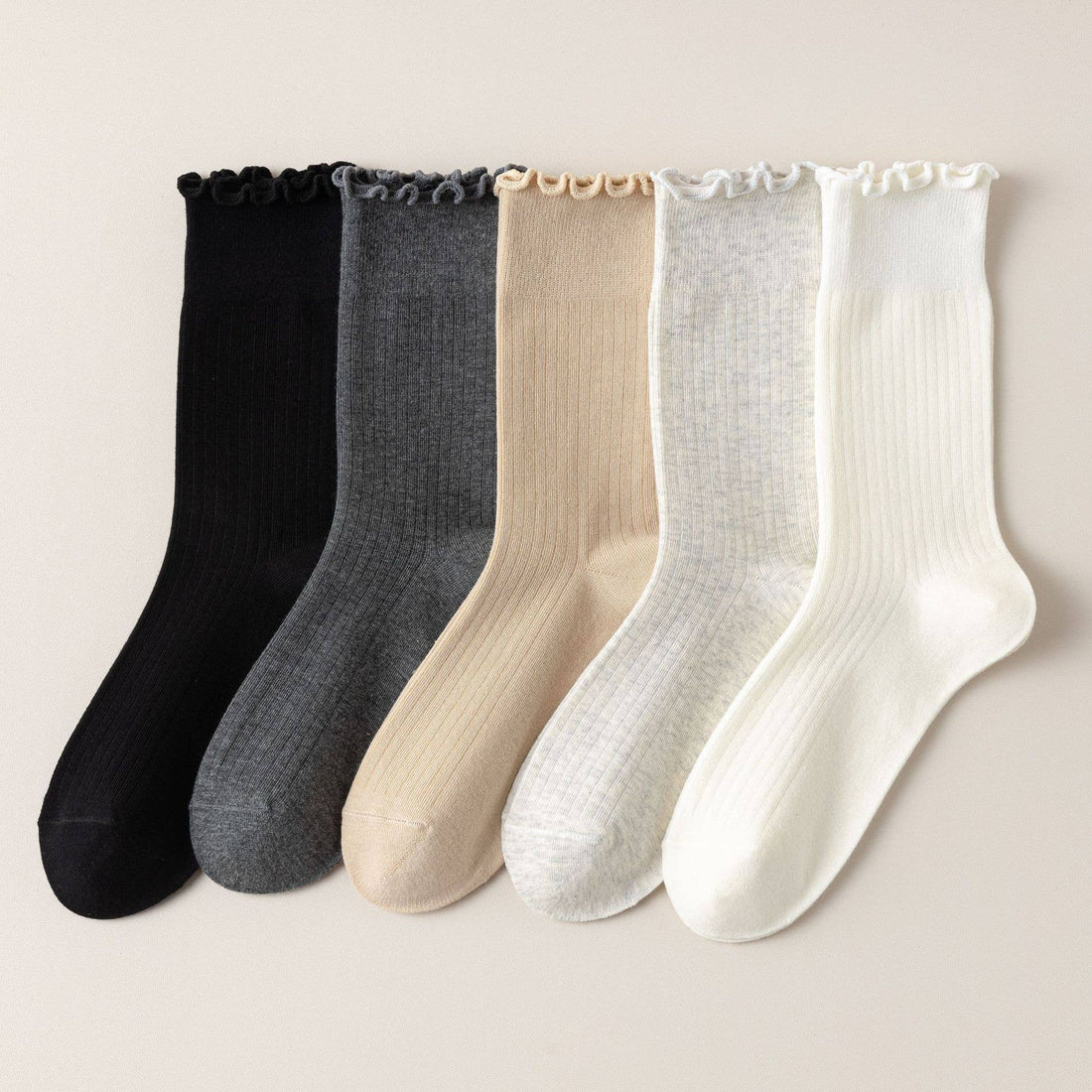 Vertical Stripes Thin Solid Ruffle Crew Socks