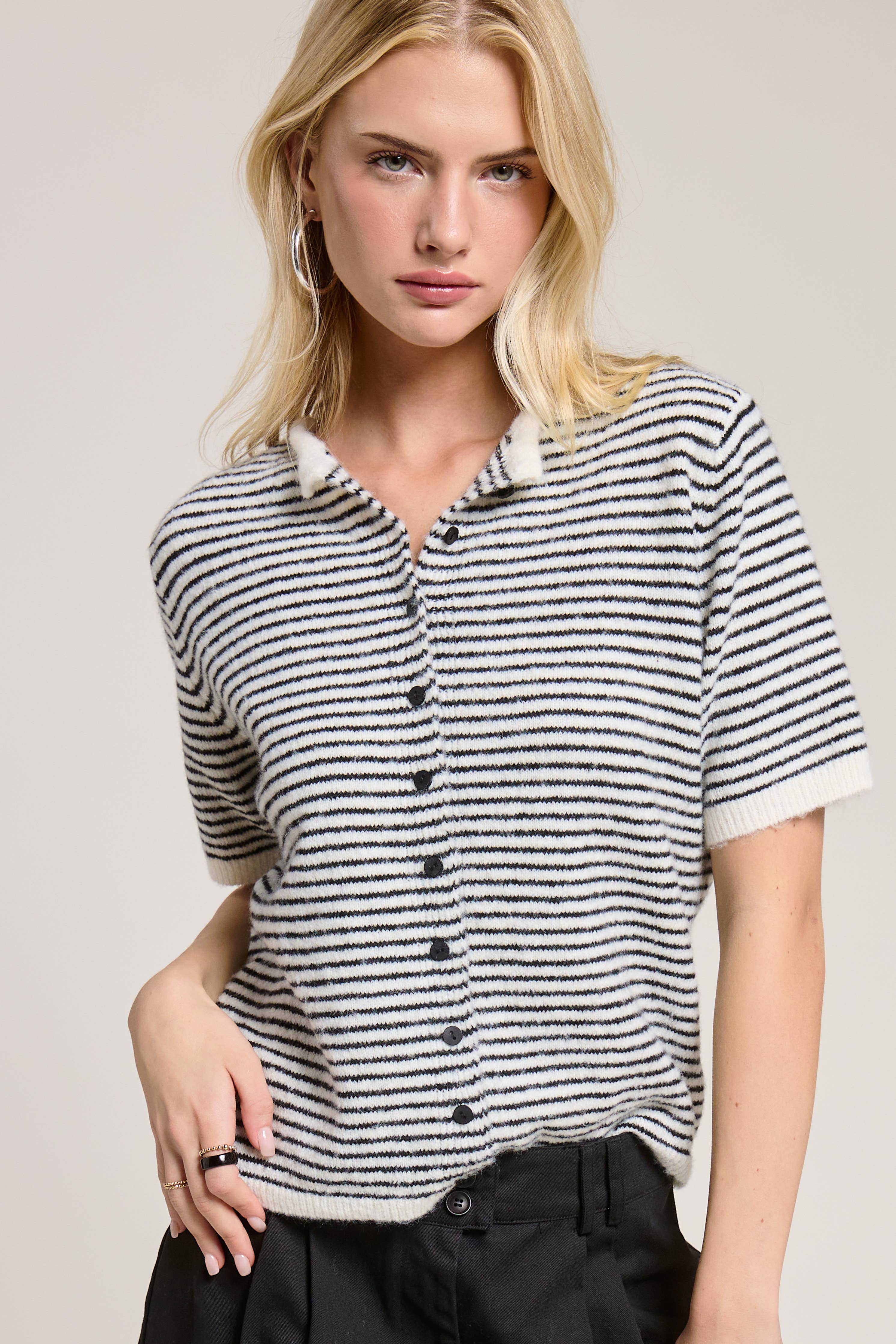 Striped Short Sleeve Button Cardigan
