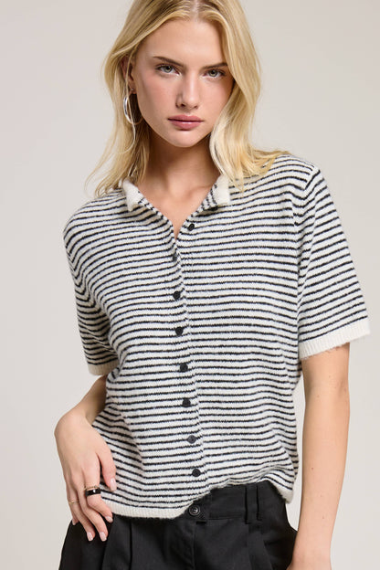 Striped Short Sleeve Button Cardigan