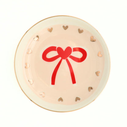 Round Trinket Tray Red Bow Gold Heart