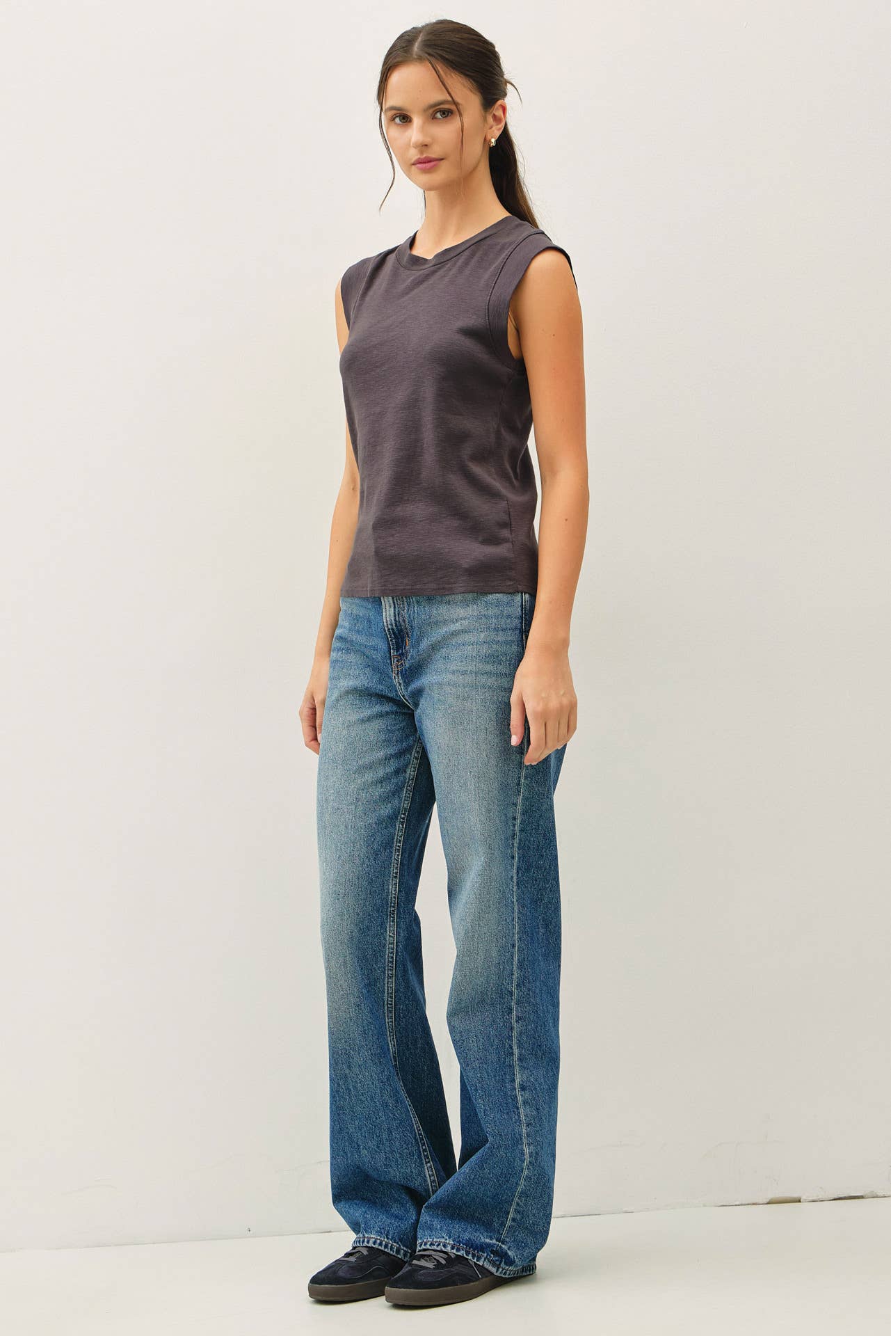Basic Solid Cotton Crew Neck Cap Sleeve Tank Top