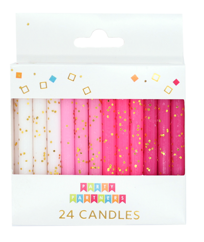 Pink &amp; White Gold Glitter 24 Candles Set