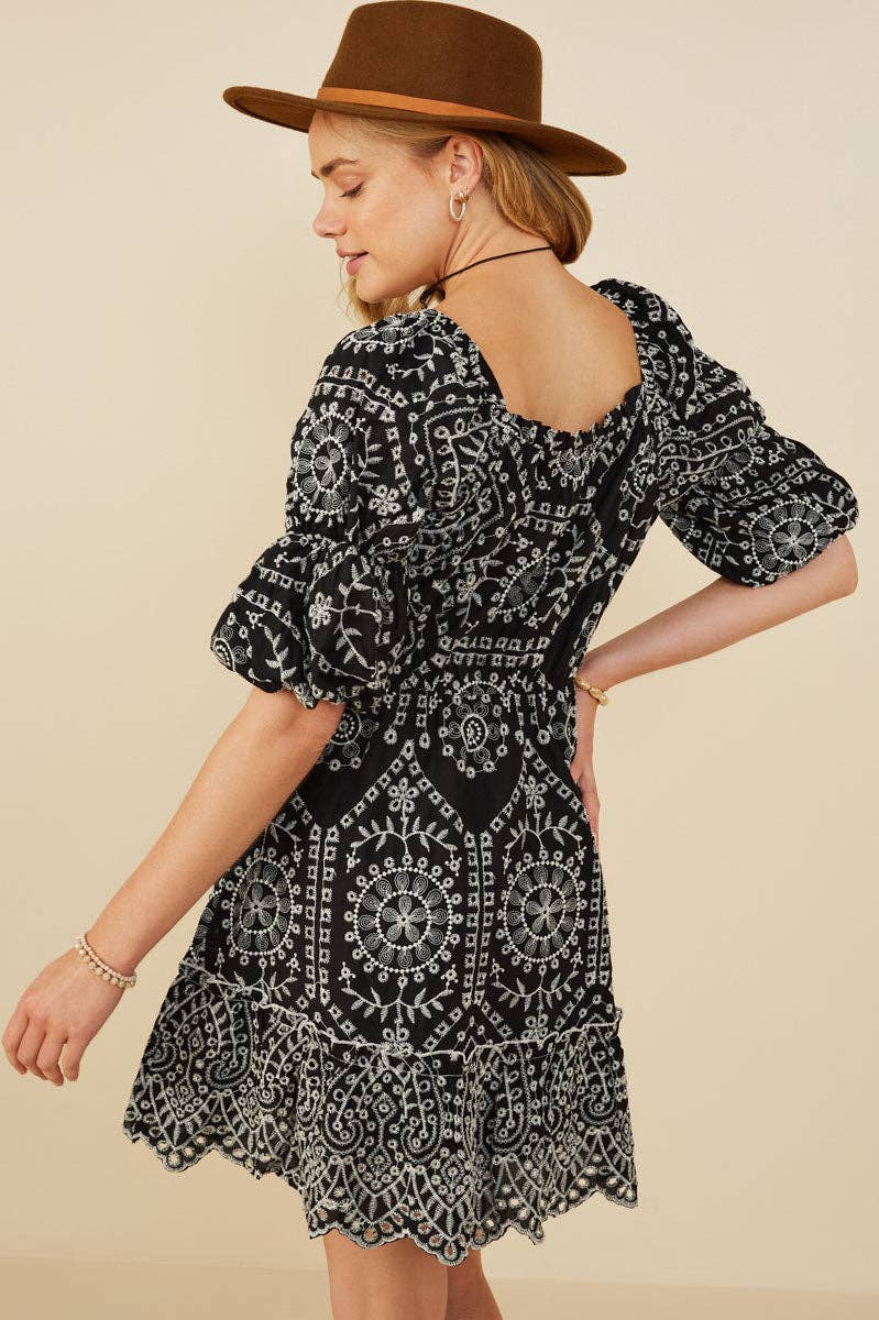 Womens Eyelet Embroidered Puff Sleeve Scallop Hem Dress