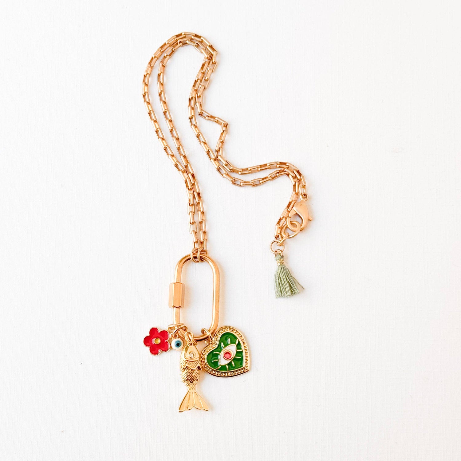 Small Gold Carabiner Charm Necklace with Fish &amp; Green Heart Charms