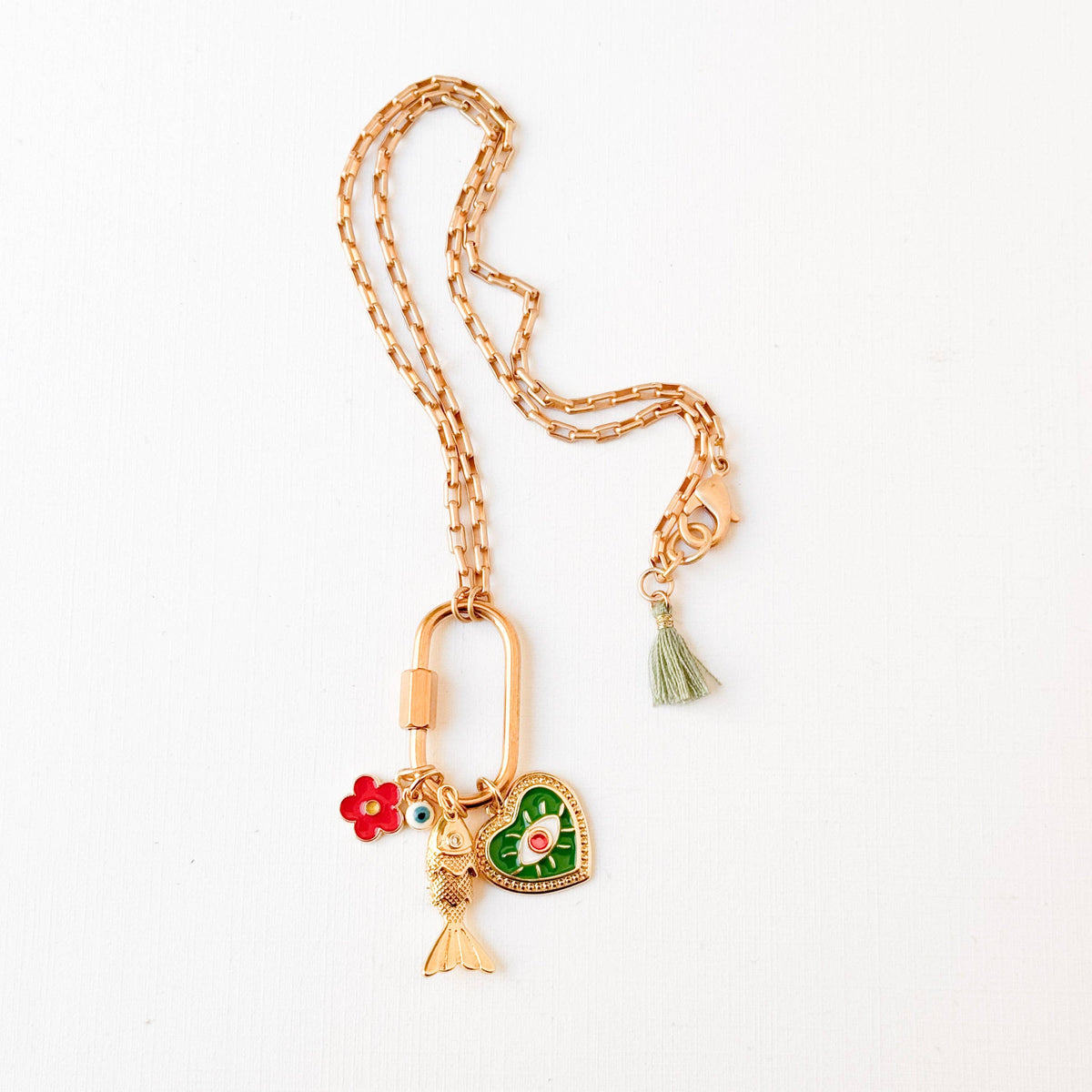 Small Gold Carabiner Charm Necklace with Fish &amp; Green Heart Charms