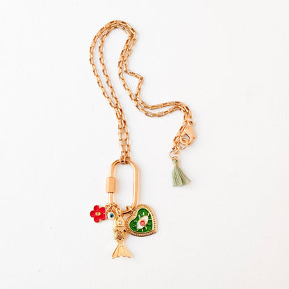 Small Gold Carabiner Charm Necklace with Fish &amp; Green Heart Charms