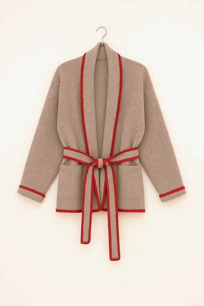 Flat White Whipstitch Cardigan with Belt in Heather Taupe
