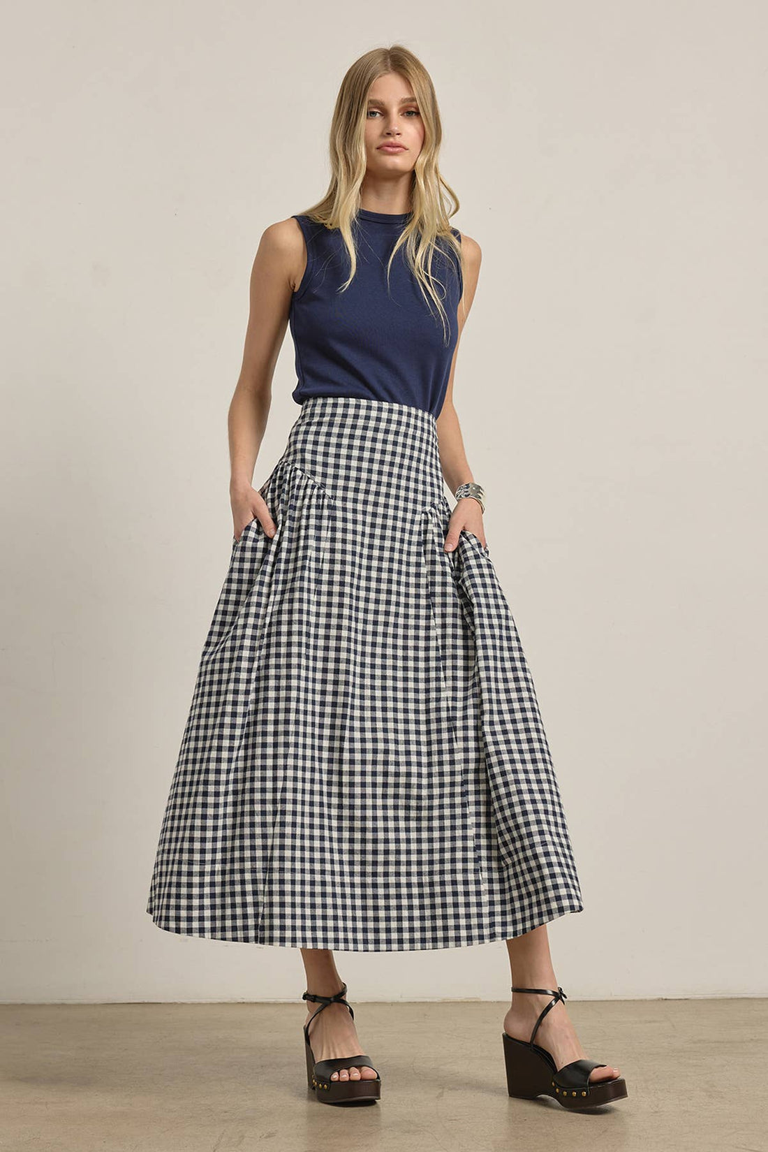 Gingham Check Midi Skirt