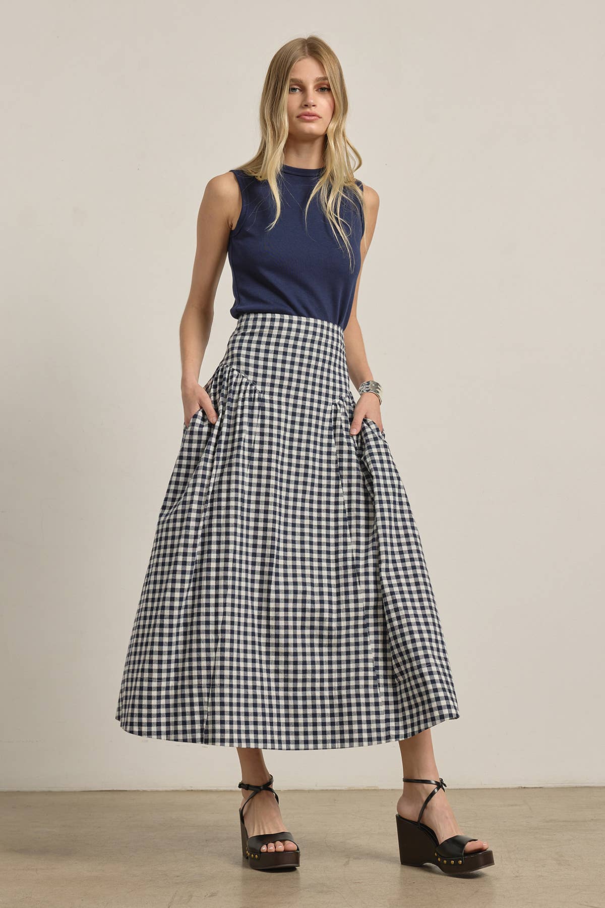 Gingham Check Midi Skirt