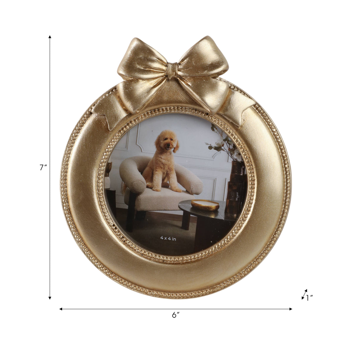Round Gold Photo Frame with Bow Ribbon Detail - 4x4 Inch