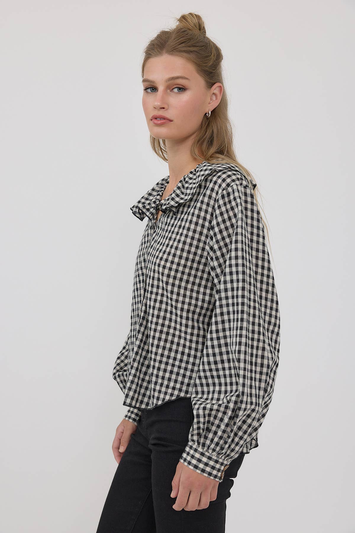 Gingham Ruffle Collar Button-Up Blouse