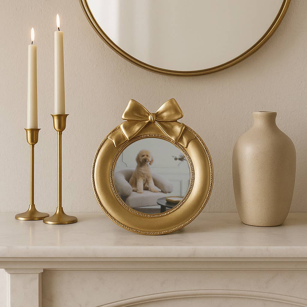 Round Gold Photo Frame with Bow Ribbon Detail - 4x4 Inch