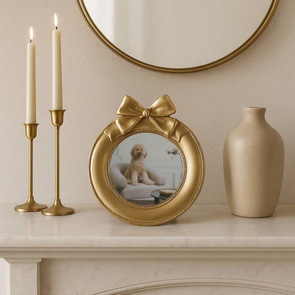 Round Gold Photo Frame with Bow Ribbon Detail - 4x4 Inch