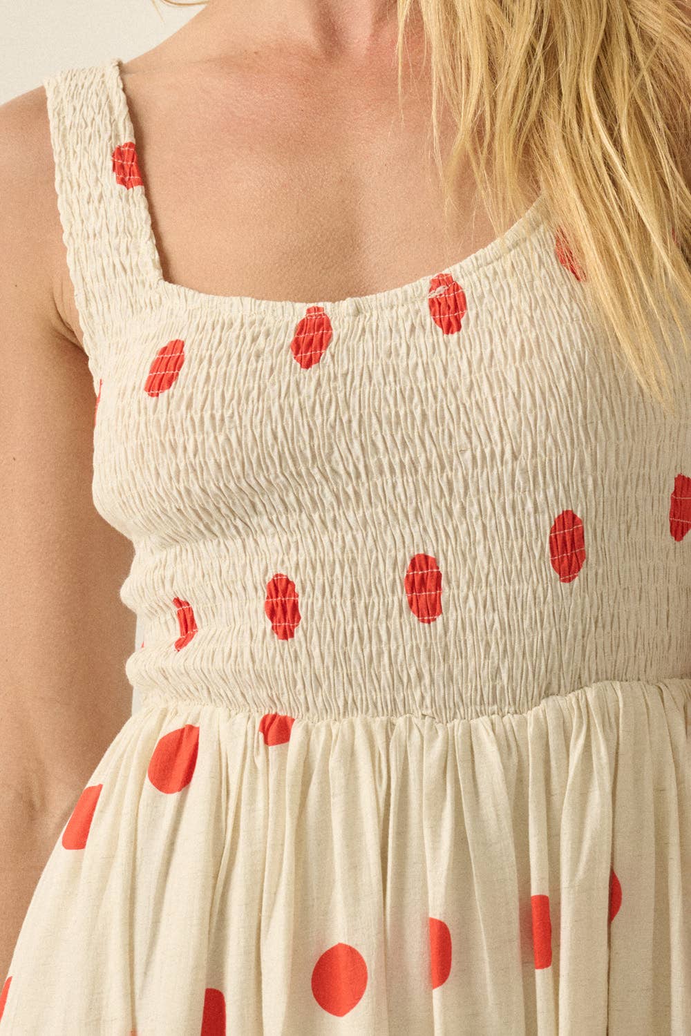 Polka Dot-Print Smocked Sleeveless Pocket Maxi Dress