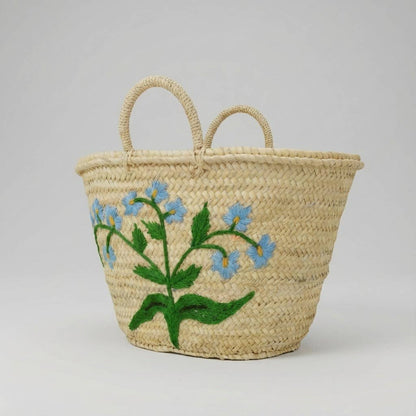 Woven Straw Market Basket Tote - Embroidered Blue Floral