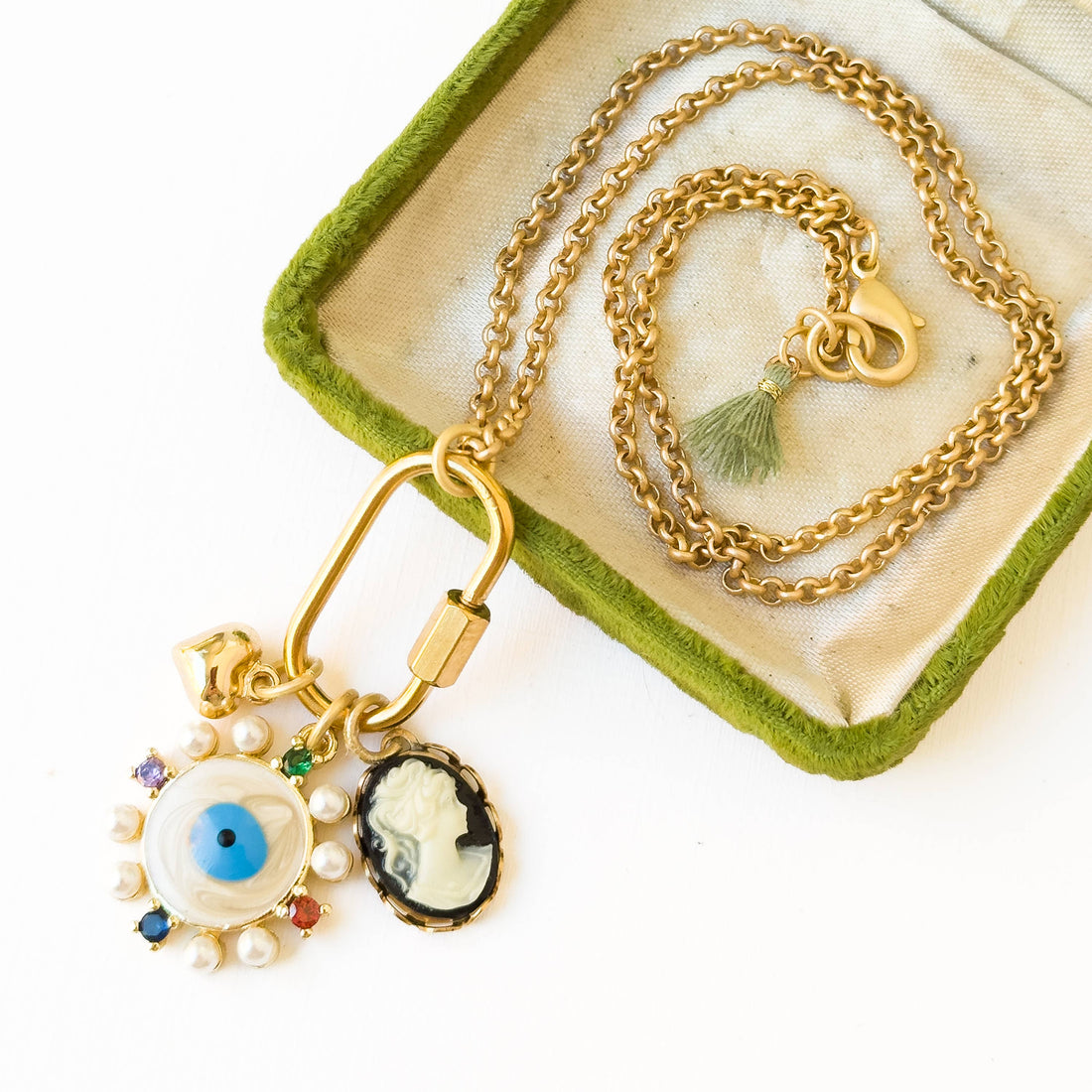Evil Eye &amp; Cameo Charm Necklace with Gold Carabiner