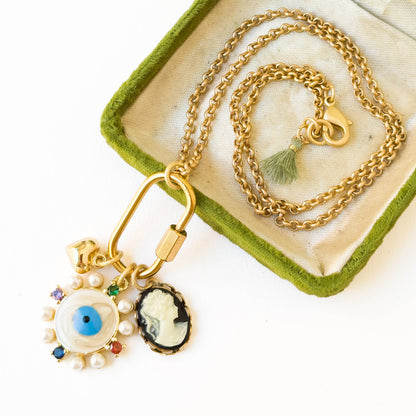 Evil Eye &amp; Cameo Charm Necklace with Gold Carabiner