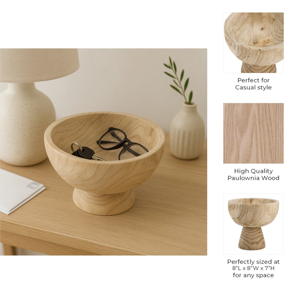 Bowl - Brown Paulownia Wood with Pedestal Base