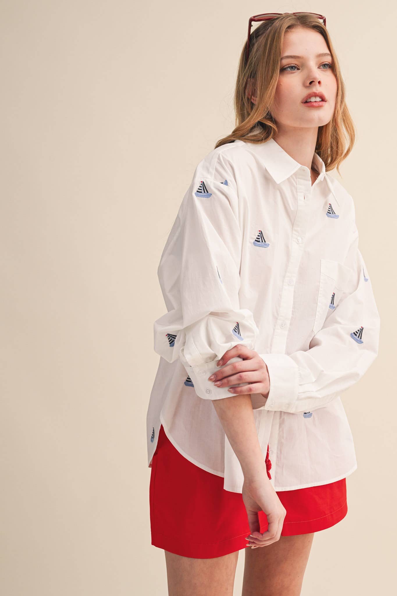 Sailboat Embroidery Button Down Shirt