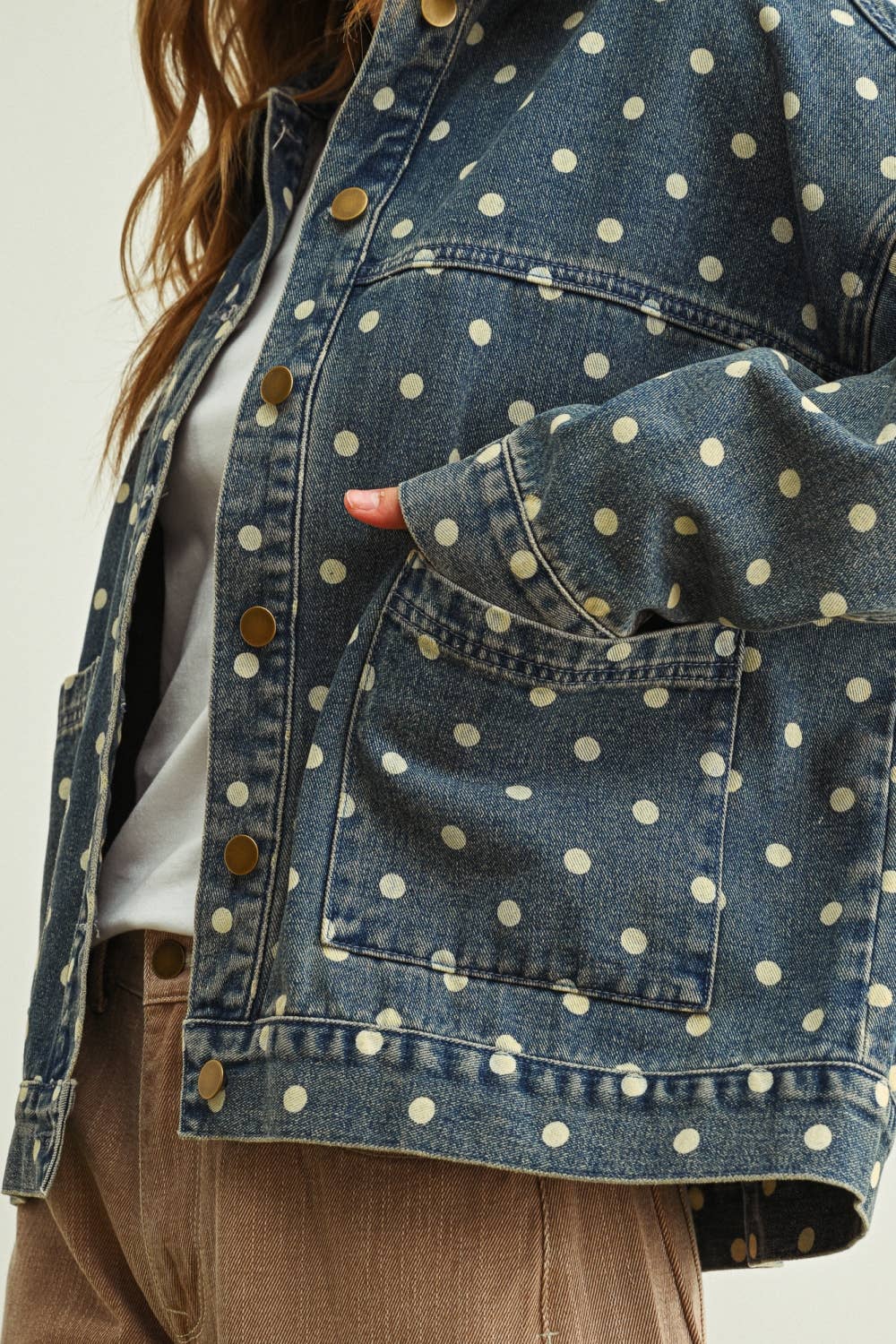 Polka Dot Button Front Denim Jacket