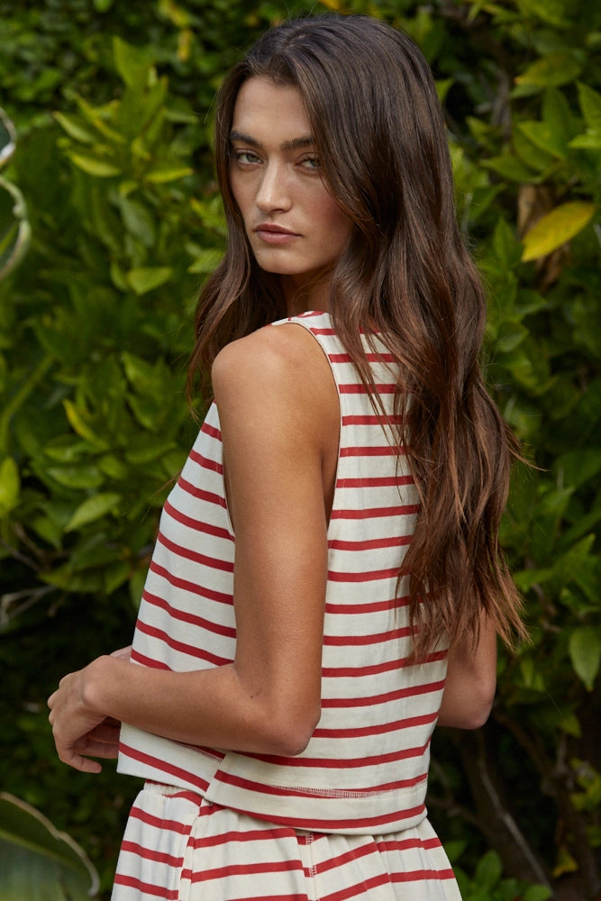 Knit Cotton Striped Round Neck Sleeveless Top