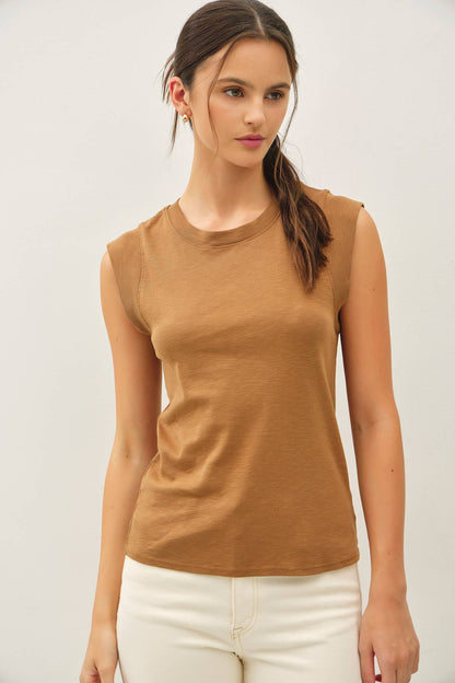 Basic Solid Cotton Crew Neck Cap Sleeve Tank Top