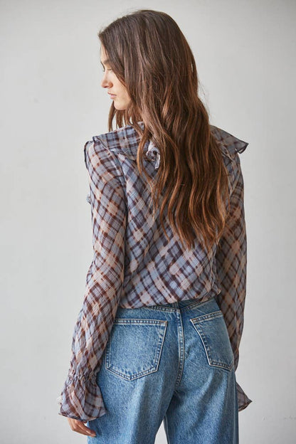 Woven Polyester Plunged V-Neck Ruffle Peplum Top