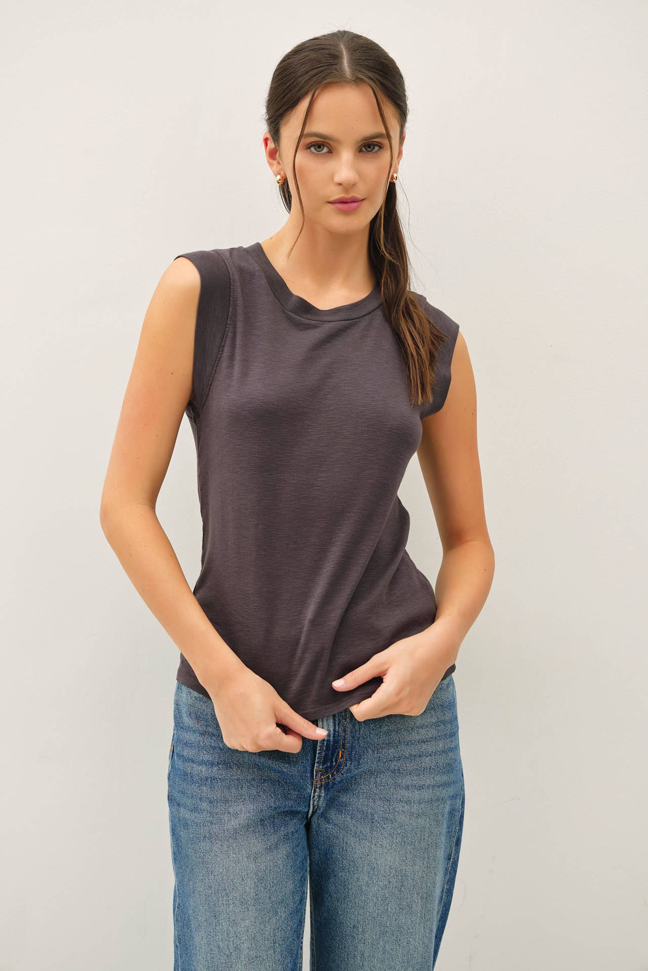 Basic Solid Cotton Crew Neck Cap Sleeve Tank Top