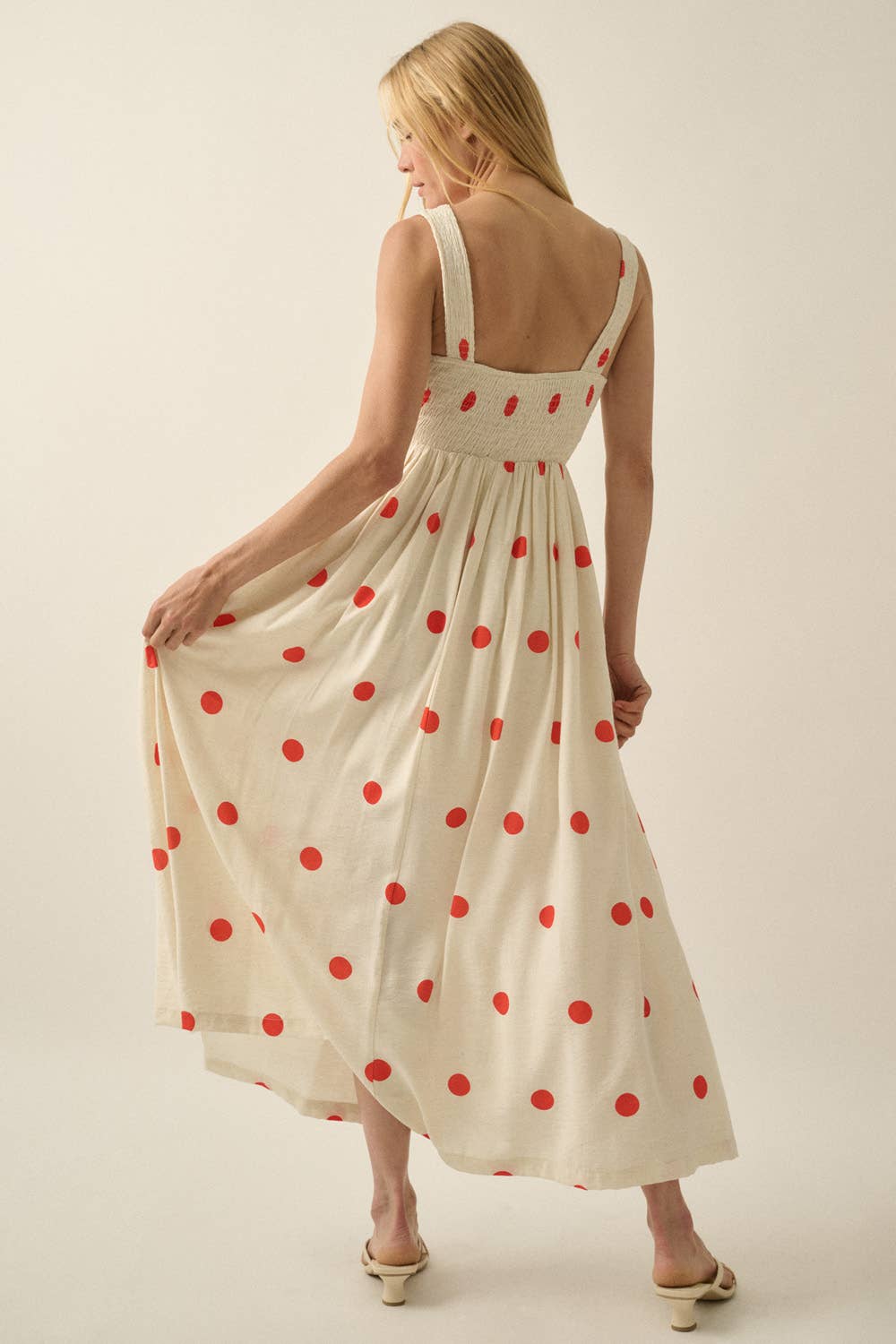 Polka Dot-Print Smocked Sleeveless Pocket Maxi Dress