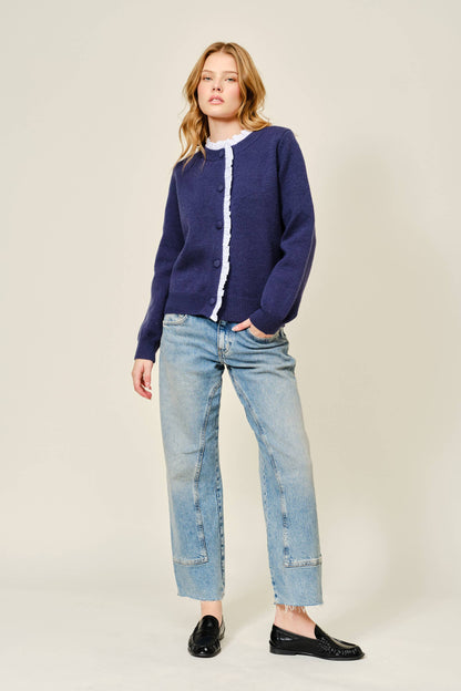 Contrast Ruffle Trim Knit Cardigan
