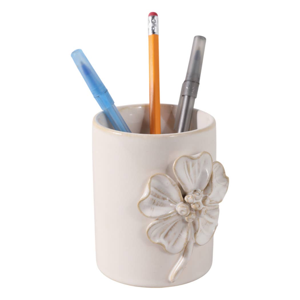 Ivory Ceramic Flower Applique Pencil Cup