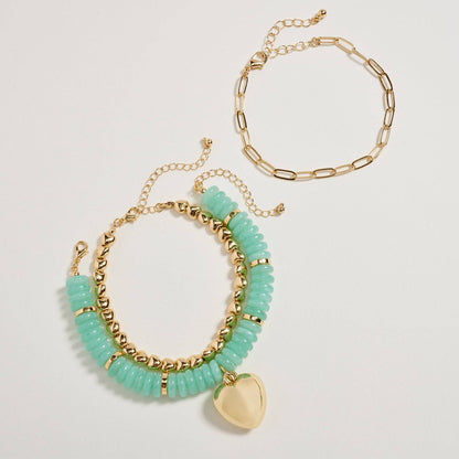 Gold Heart Charm Beaded Bracelet Set
