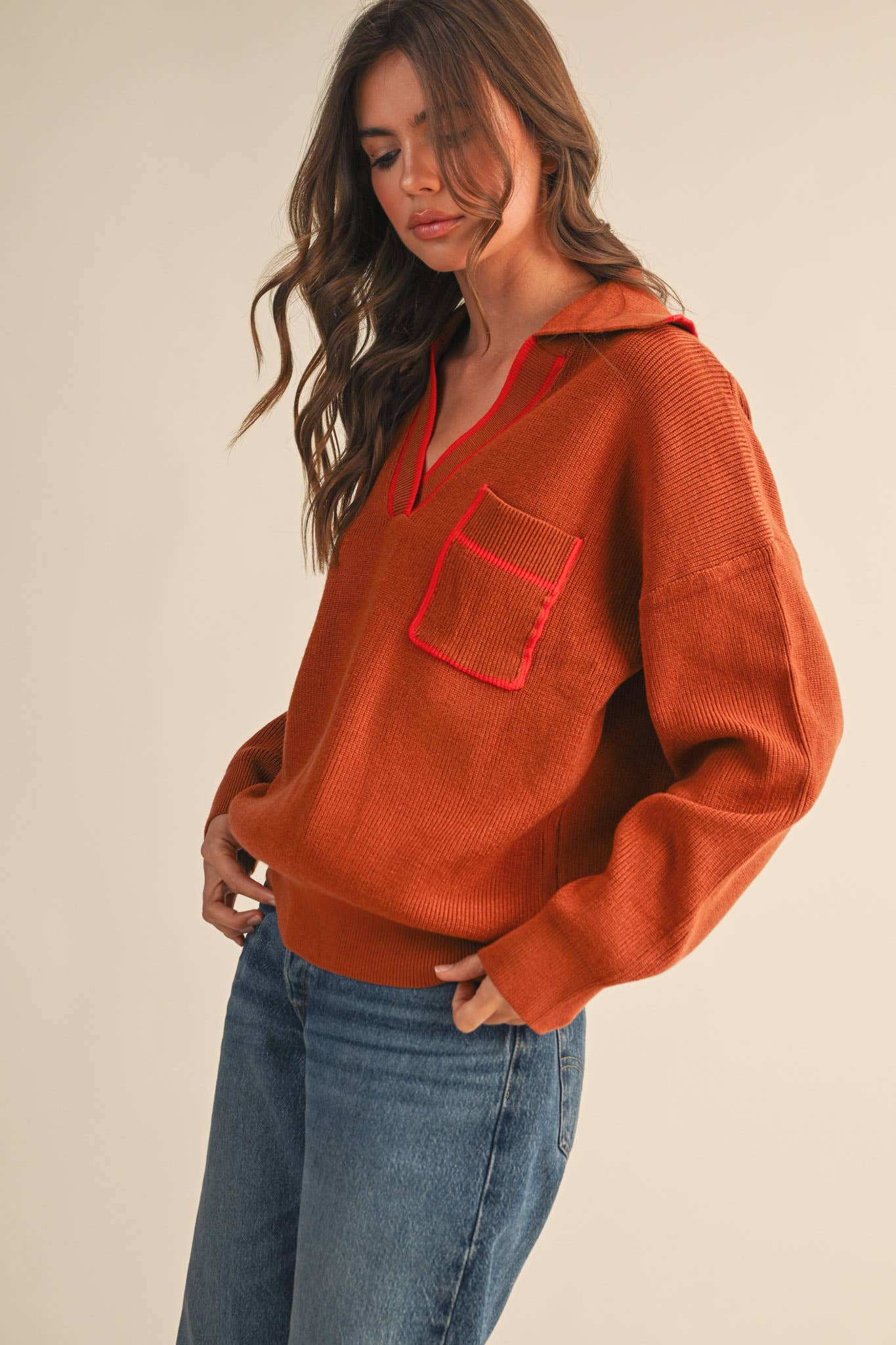 Ribbed Collared Pullover Sweater
