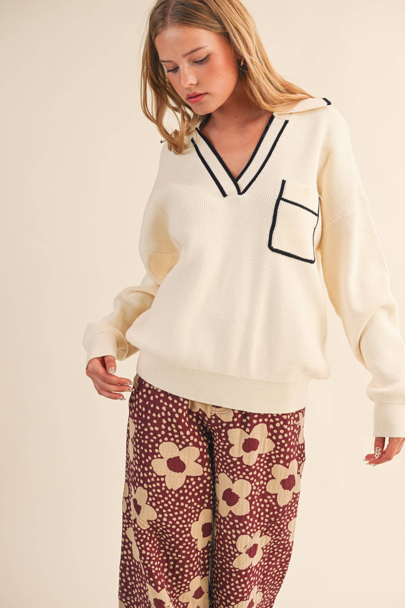 Ribbed Collared Pullover Sweater