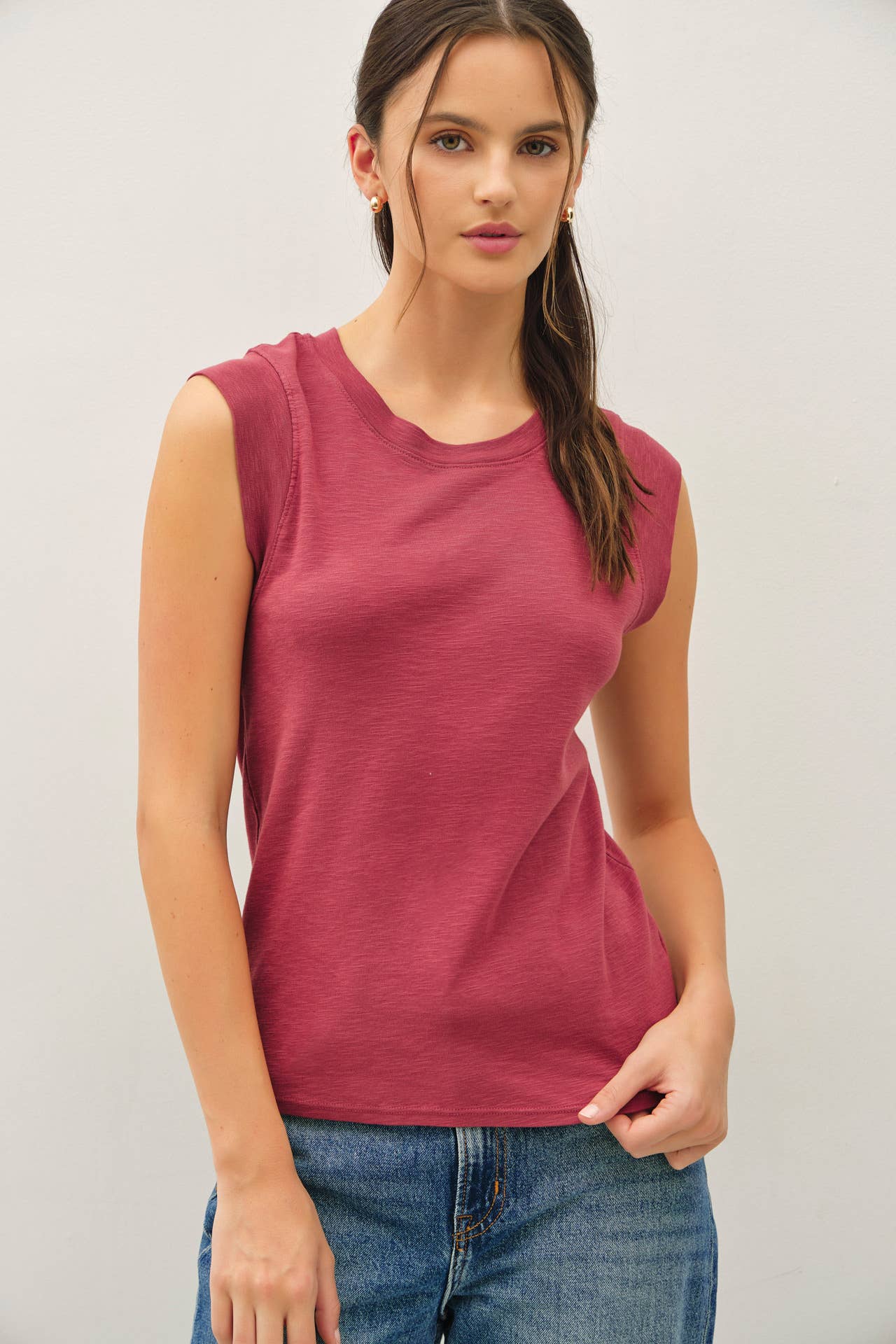 Basic Solid Cotton Crew Neck Cap Sleeve Tank Top