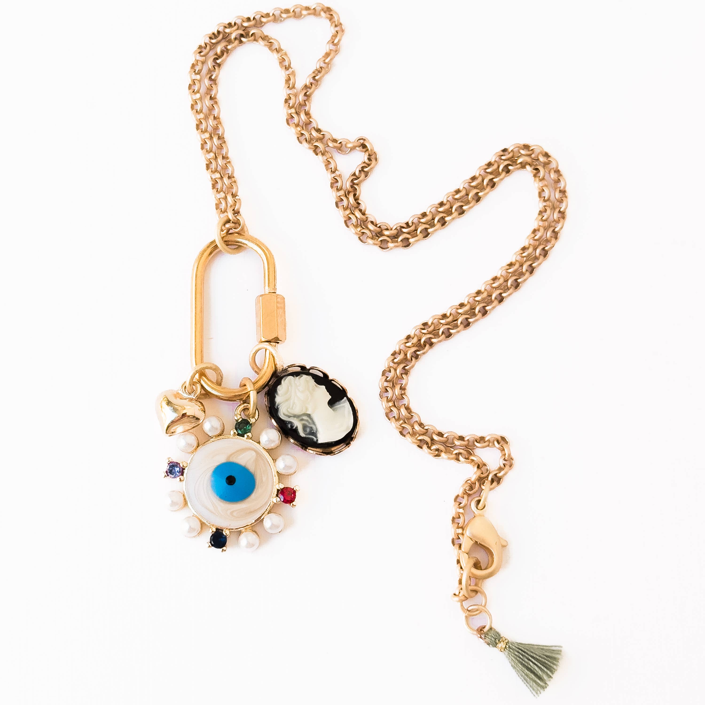Evil Eye &amp; Cameo Charm Necklace with Gold Carabiner