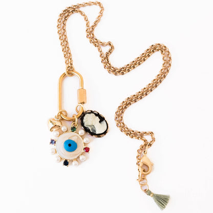 Evil Eye &amp; Cameo Charm Necklace with Gold Carabiner