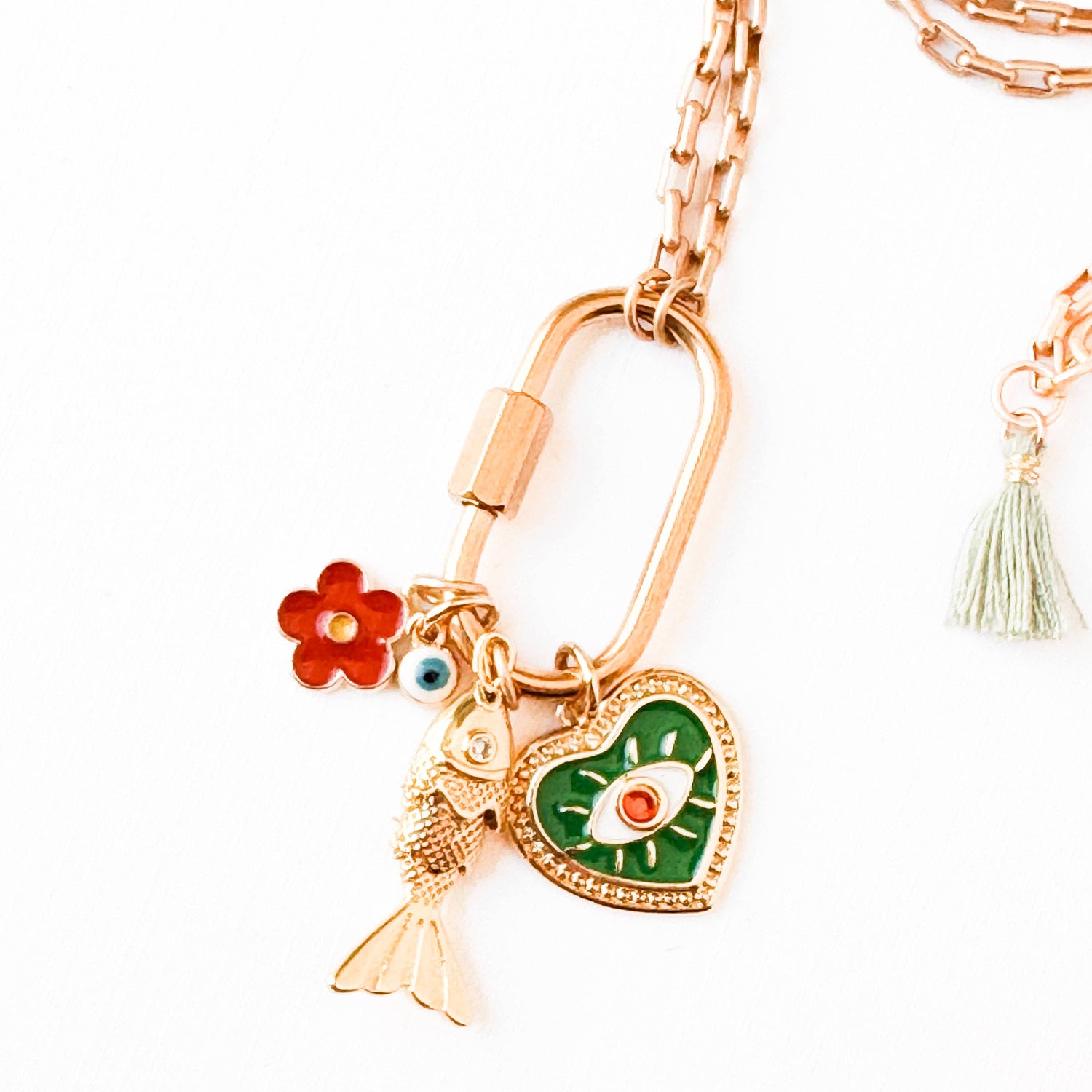 Small Gold Carabiner Charm Necklace with Fish &amp; Green Heart Charms